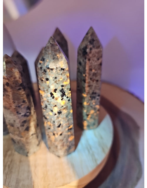Load image into Gallery viewer, Yooperlite stone Tower UV Reactive 4in Tall Avg 98grams Avg 1 Each
