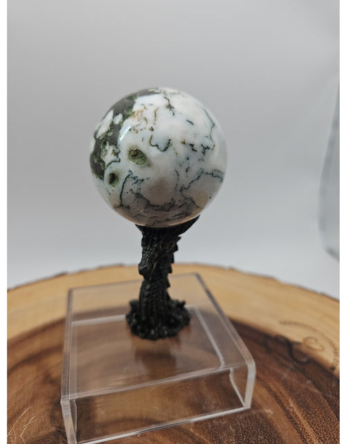 Load image into Gallery viewer, Tree Agate Sphere .45lb 53mm W/Dragon Stand
