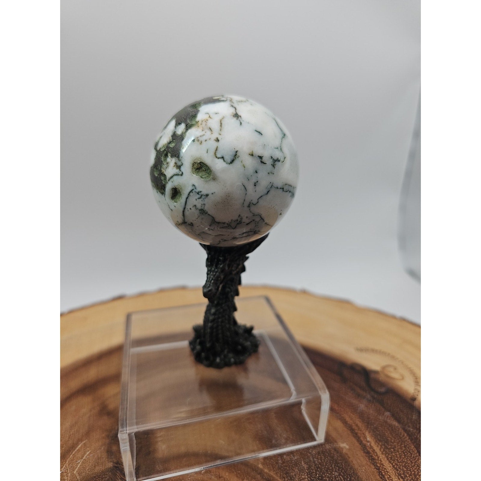 Tree Agate Sphere .45lb 53mm W/Dragon Stand