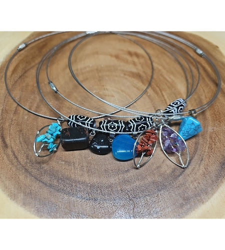 Natural stone 16in pendant necklace, stainless steel 8pc Wholesale lot