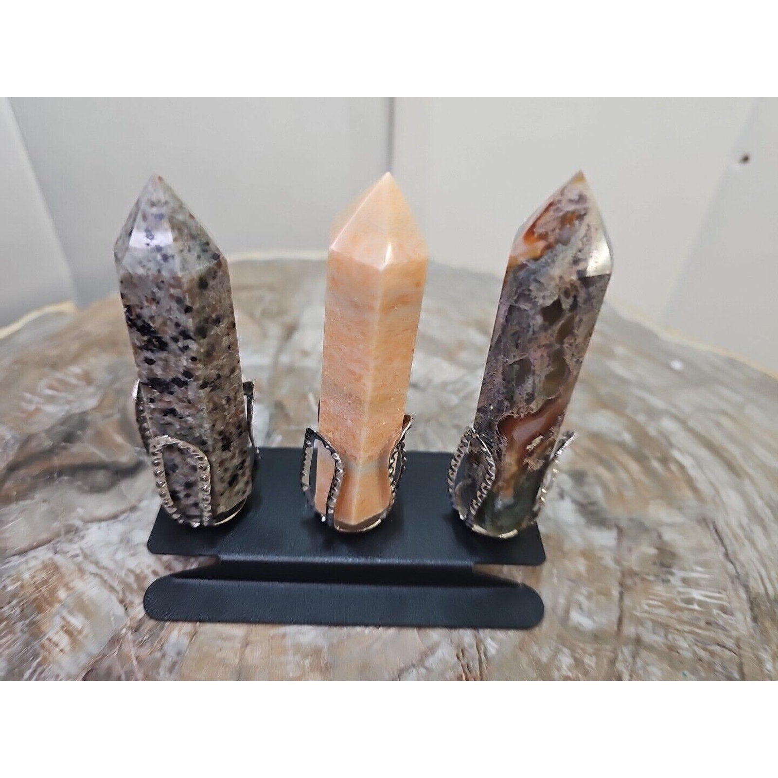 313g 3Pcs A Set Of Natural Quartz Crystal Jasper Point Tower Polished W/STAND