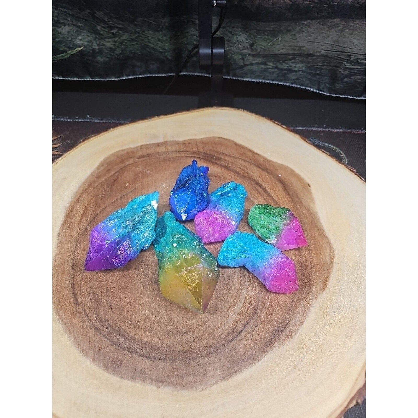 6Pcs 1.41lbs Rainbow Aqua Aura Quartz Crystal Points Titanium Coating B2