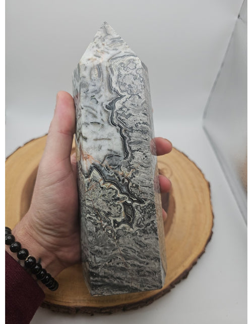 Load image into Gallery viewer, 3.69LB 1Pcs Natural Gray Crazy Lace Jasper Crystal Point Tower Healing
