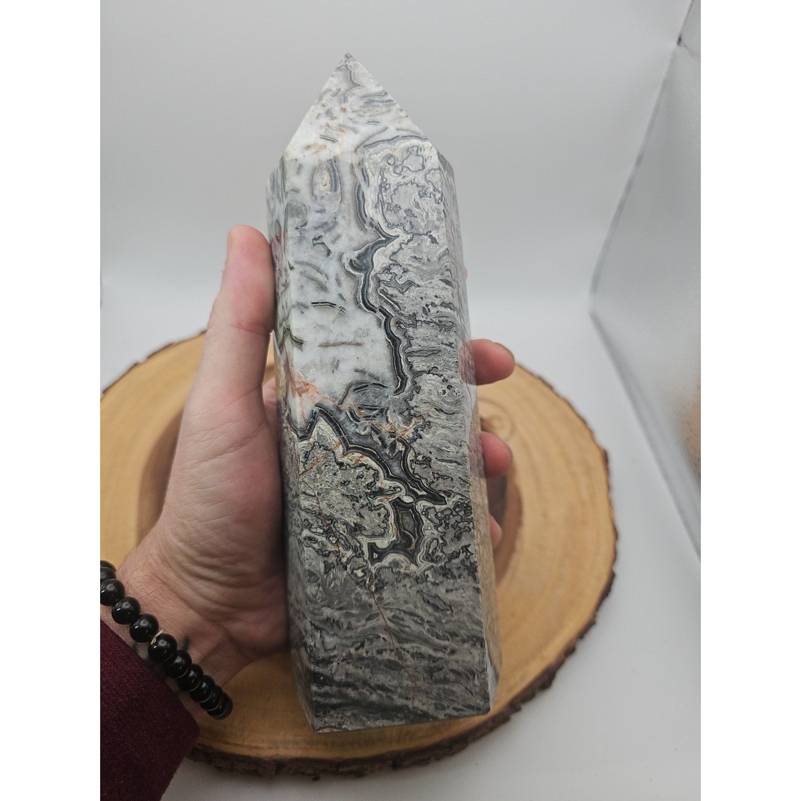 3.69LB 1Pcs Natural Gray Crazy Lace Jasper Crystal Point Tower Healing