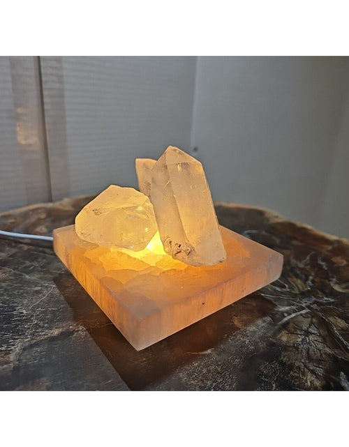 Load image into Gallery viewer, 1.24lb Satin spar recharging plate W/ 3pcs Huge Quartz Crystals &amp; Led Light
