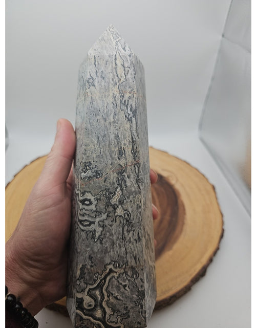 Load image into Gallery viewer, 3.81LB 1Pcs Natural Gray Crazy Lace Jasper Crystal Point Tower Healing
