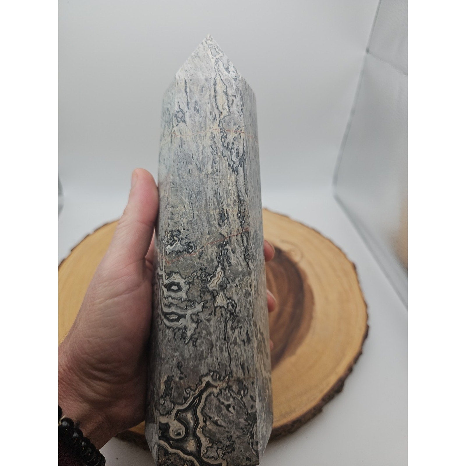 3.81LB 1Pcs Natural Gray Crazy Lace Jasper Crystal Point Tower Healing