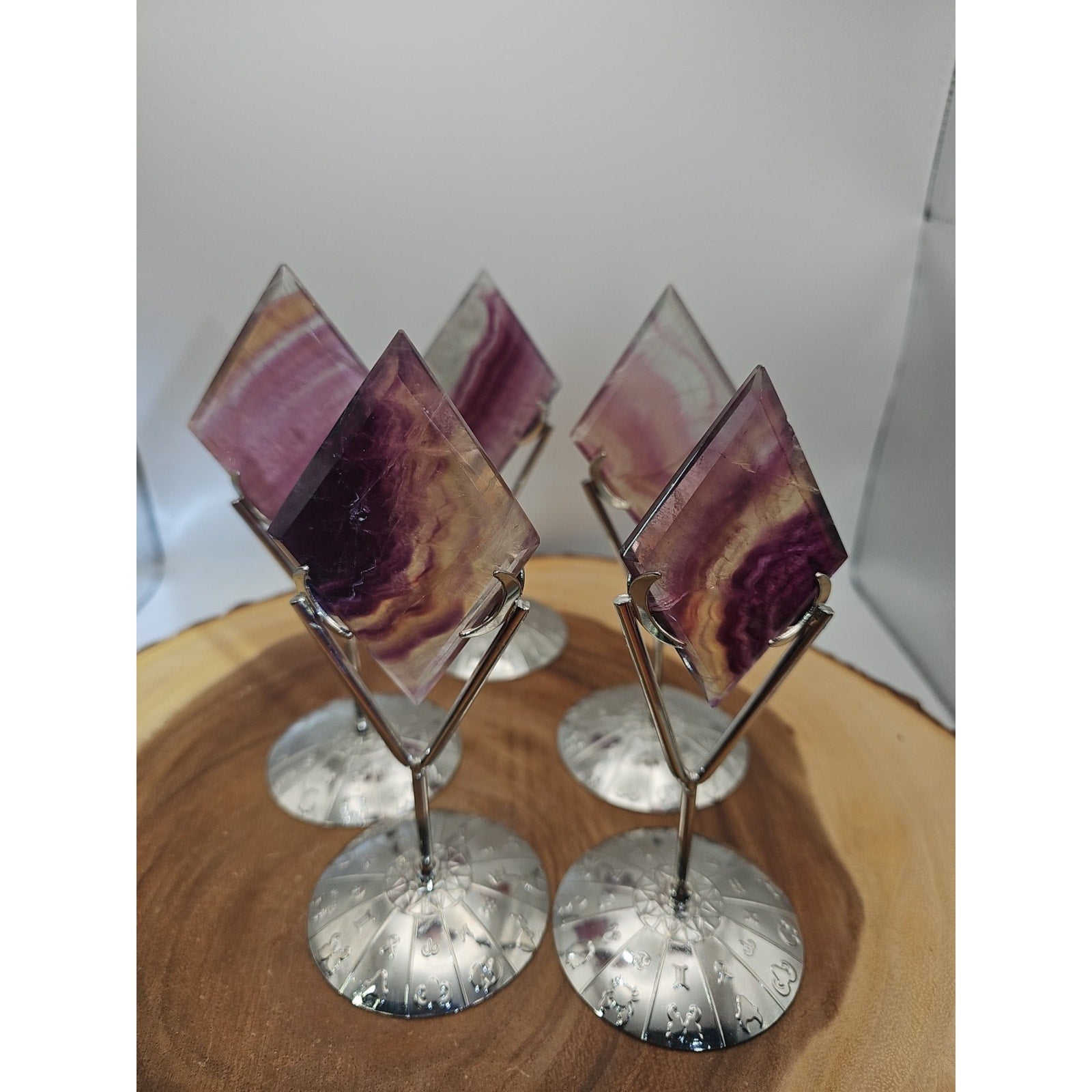 1 Each Natural Rainbow Fluorite Diamond W/ Zodiac stand