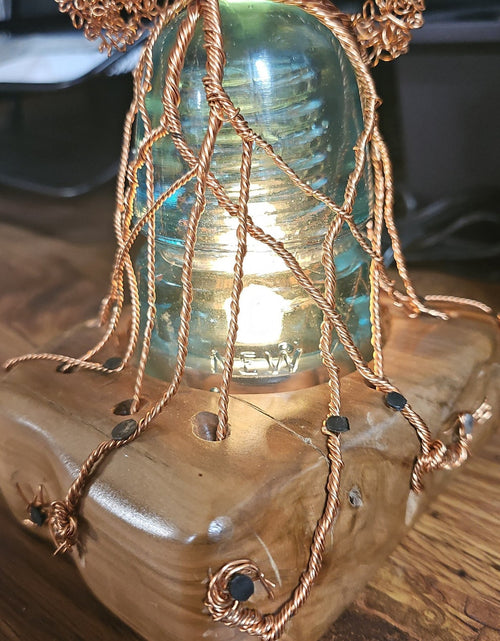Load image into Gallery viewer, Copper Wire Bonsai Tree On Lighted Glass Insulator And Wood Base 10&quot; Handcrafted
