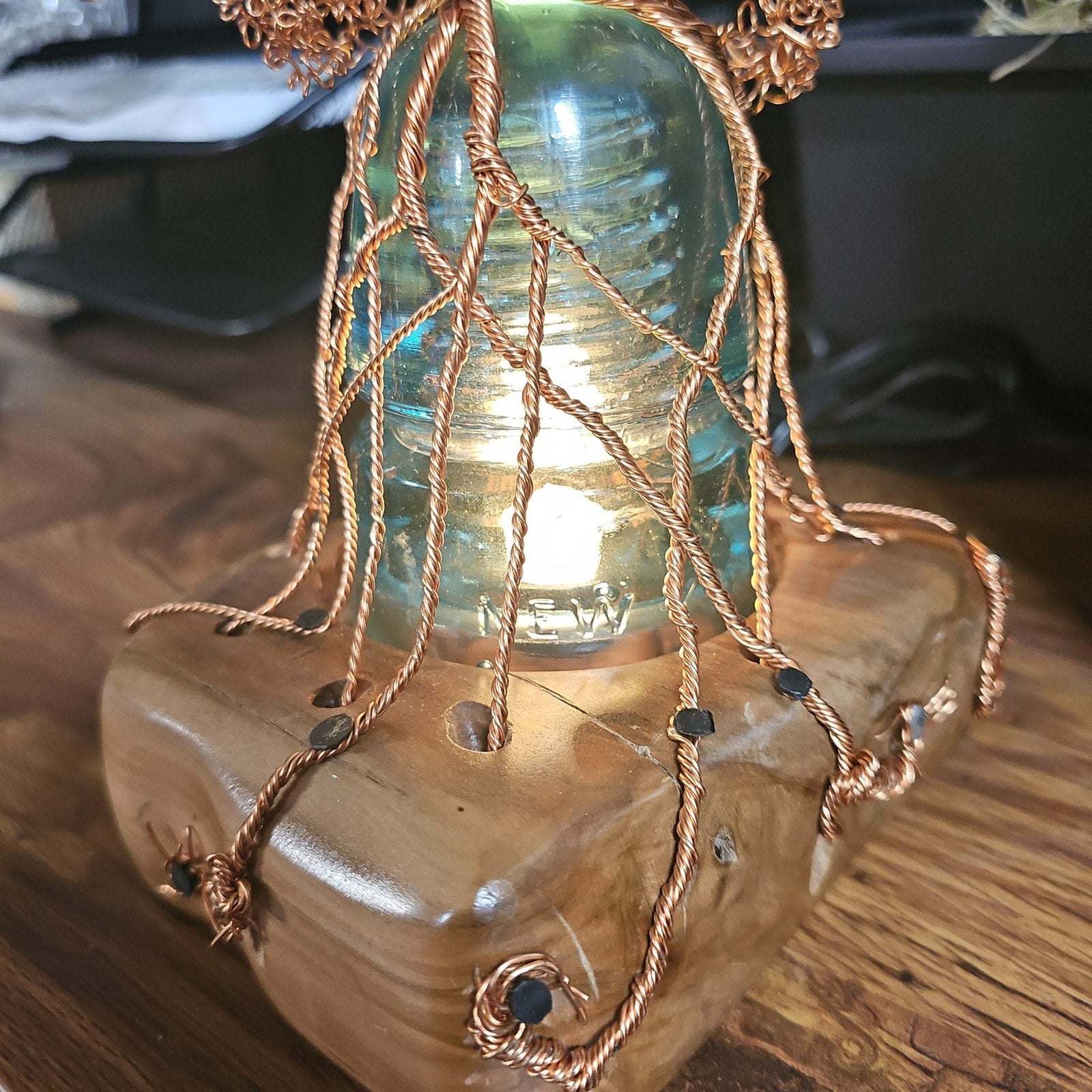 Copper Wire Bonsai Tree On Lighted Glass Insulator And Wood Base 10" Handcrafted