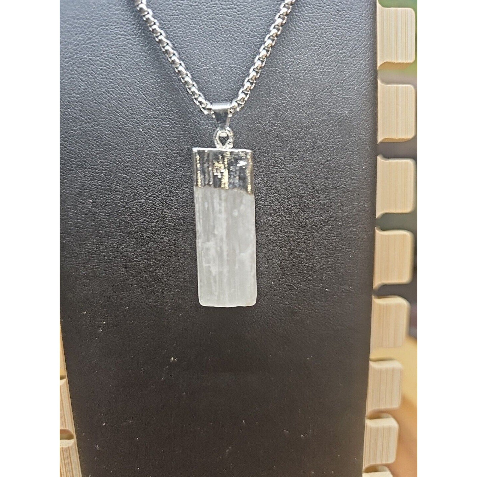 Selenite Crystal Necklace 18in Stainless Steel Chain Protection Healing