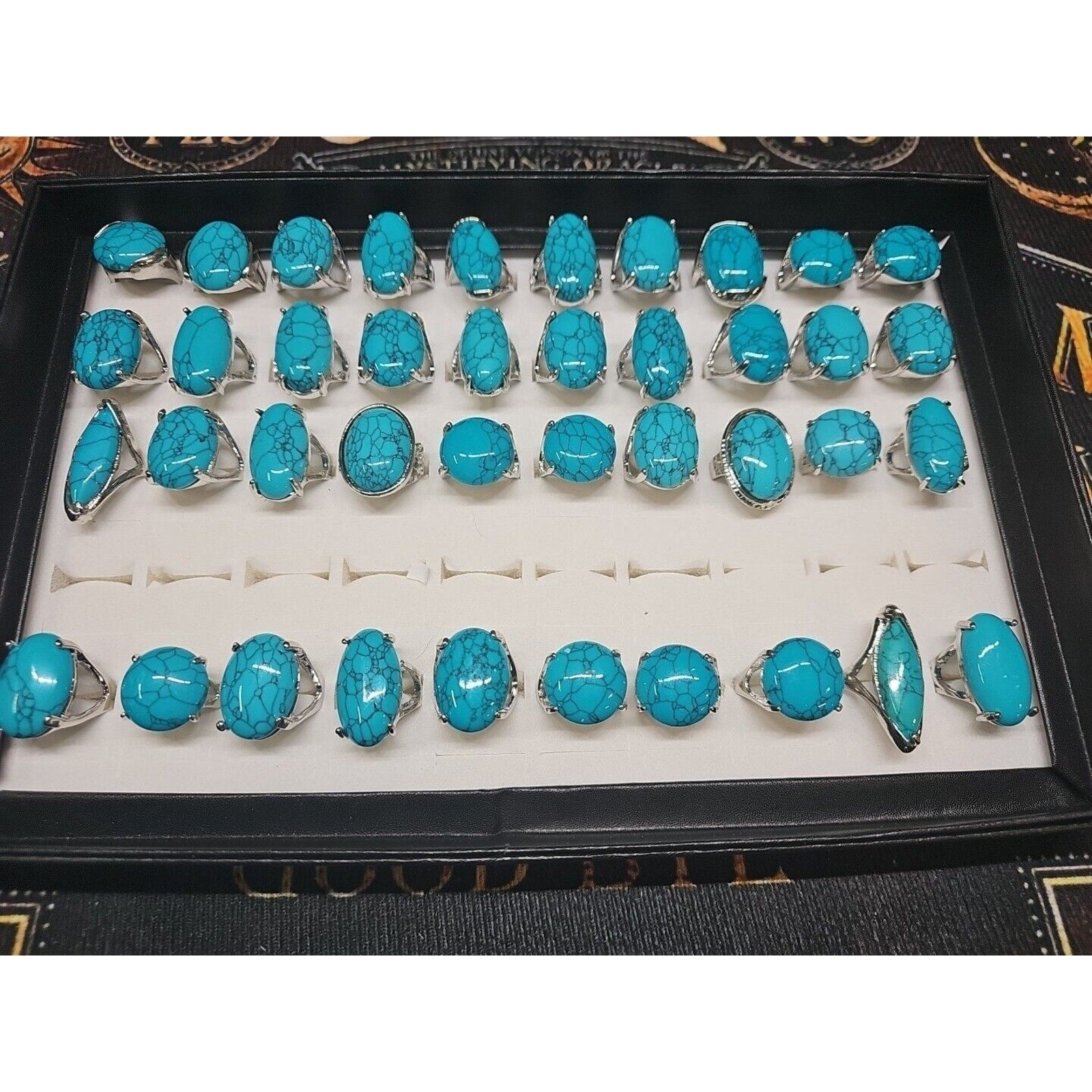 Wholesale Stone Ring Lot 40pcs W/ Box Multiple sizes Turquoise pattern