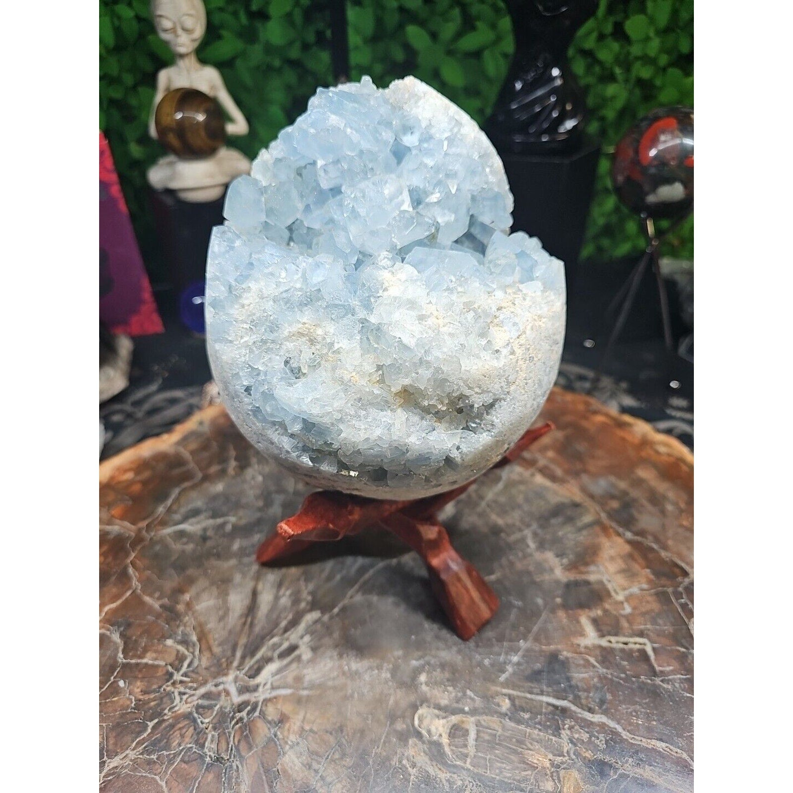 10.45LB Natural Beautiful Blue Celestite Crystal Geode W/ Stand