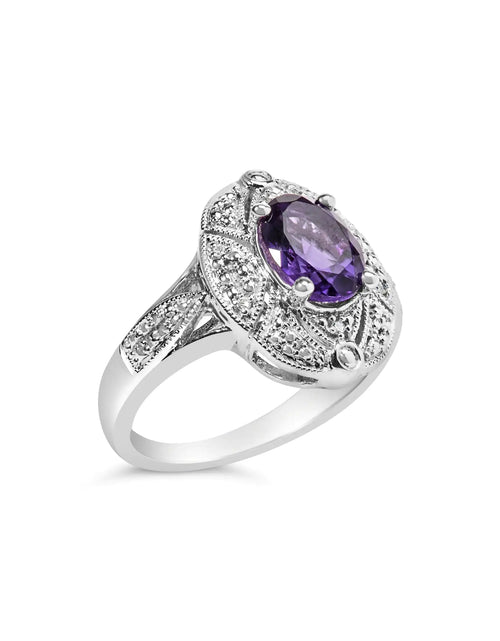 Load image into Gallery viewer, .925 Sterling Silver 9x7mm Oval Purple Amethyst and Round Diamond Accent Fashion Cocktail Ring (I-J Color, I1-I2 Clarity)
