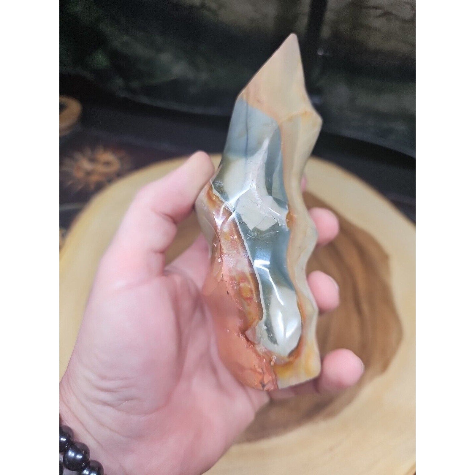 1.20LB 1Pcs Natural Polychrome Ocean Jasper Crystal Flame Point Carved Healing