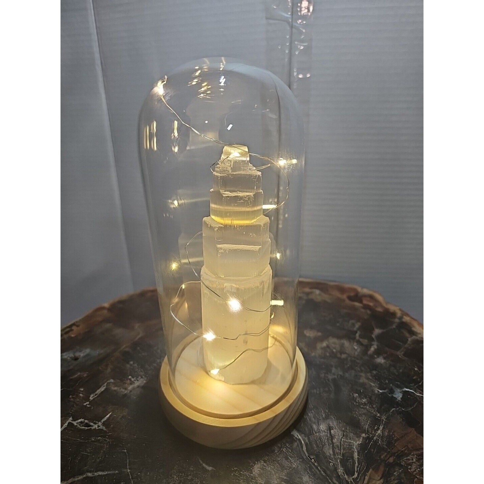 6in 429g Selenite Tower In Case W/led Lights