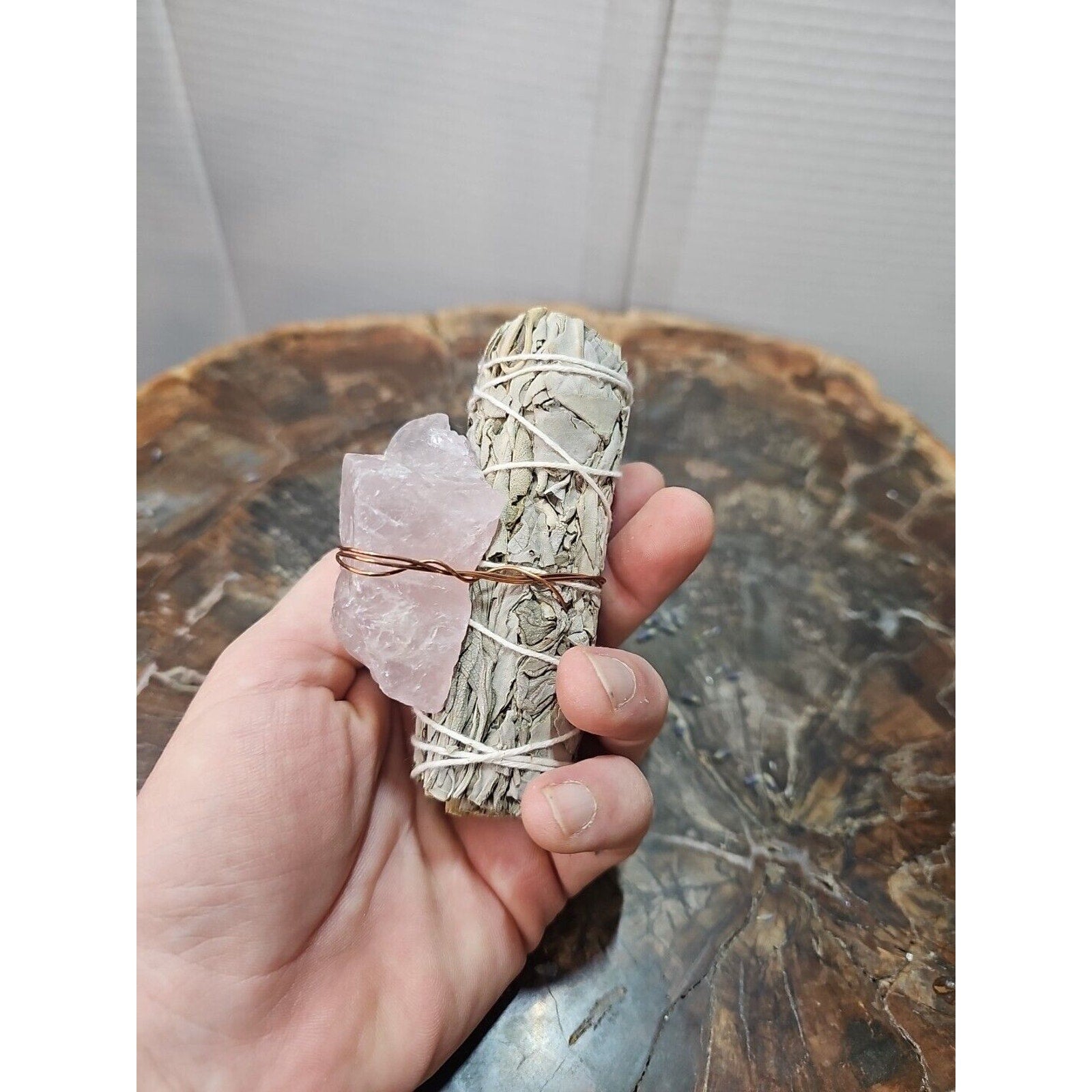 Sage wrapped crystal W/ Huge Rose Quartz Healing