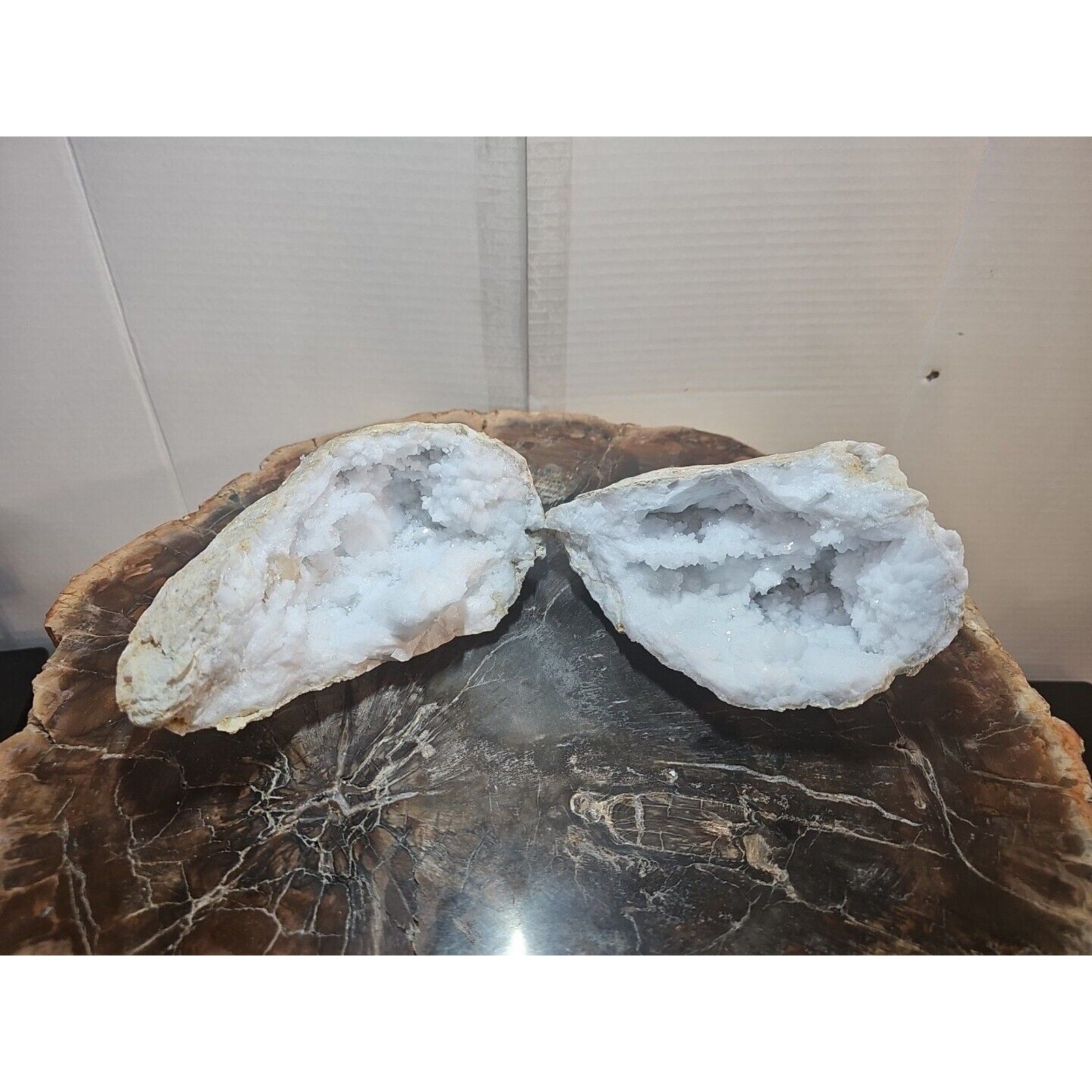 3.88lbs Large Pair Geode Crystal Moroccan Quartz W /Stand