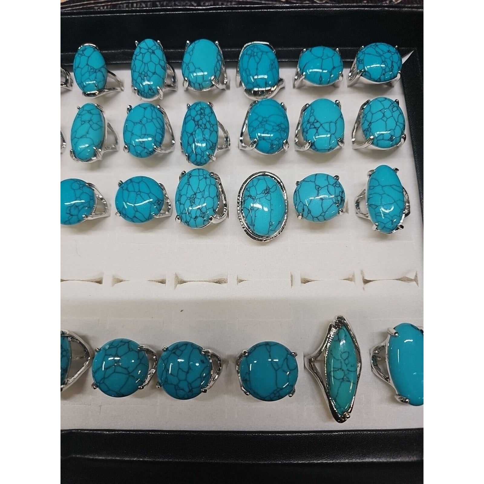 Wholesale Stone Ring Lot 40pcs W/ Box Multiple sizes Turquoise pattern