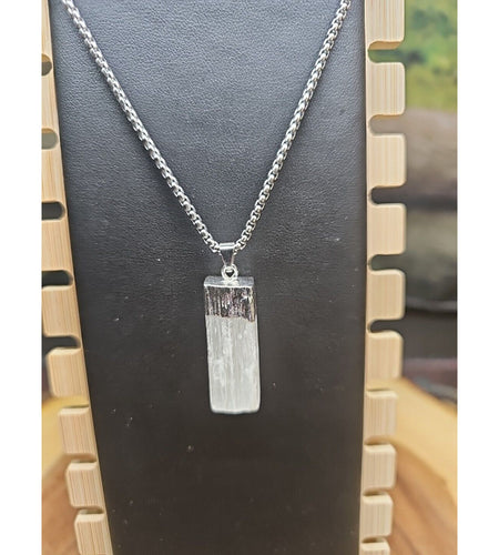 Selenite Crystal Necklace 18in Stainless Steel Chain Protection Healing
