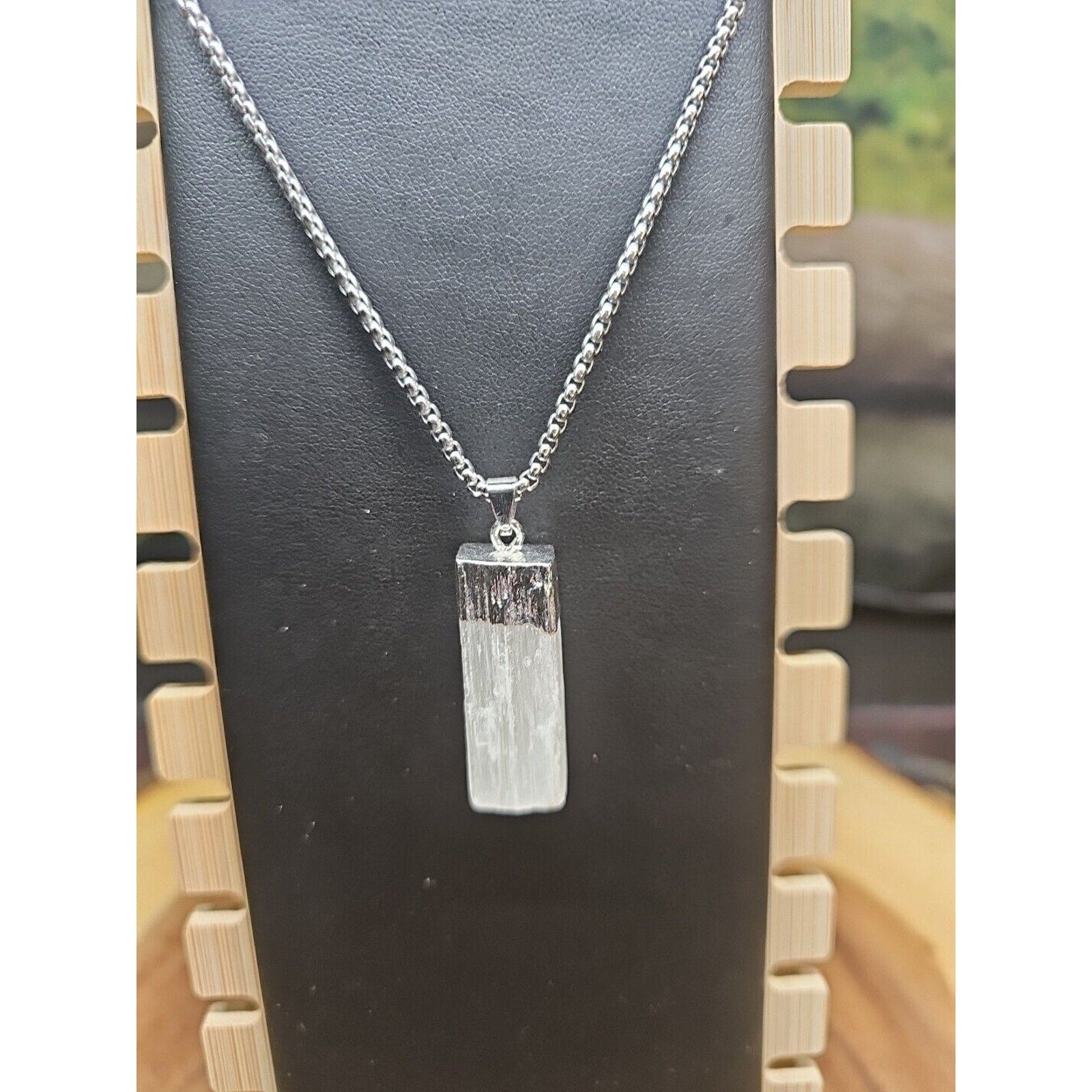 Selenite Crystal Necklace 18in Stainless Steel Chain Protection Healing