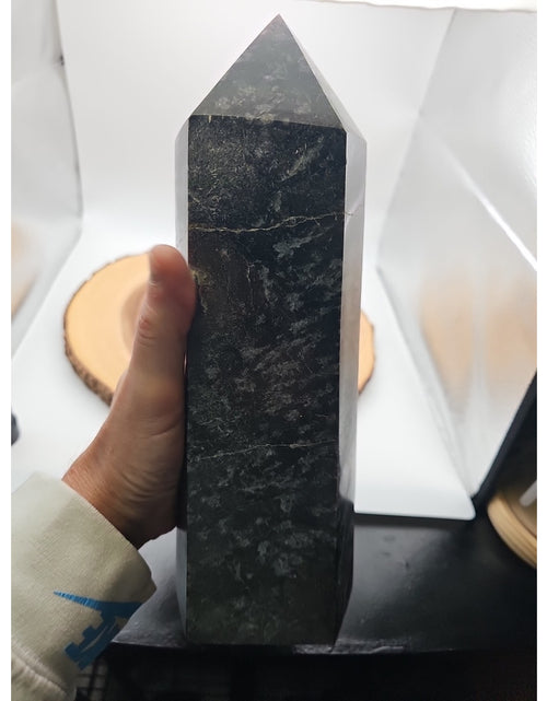 Load image into Gallery viewer, 8.23lb Arfvedsonite Garnet Blue Flashes Crystal Point Tower Polished
