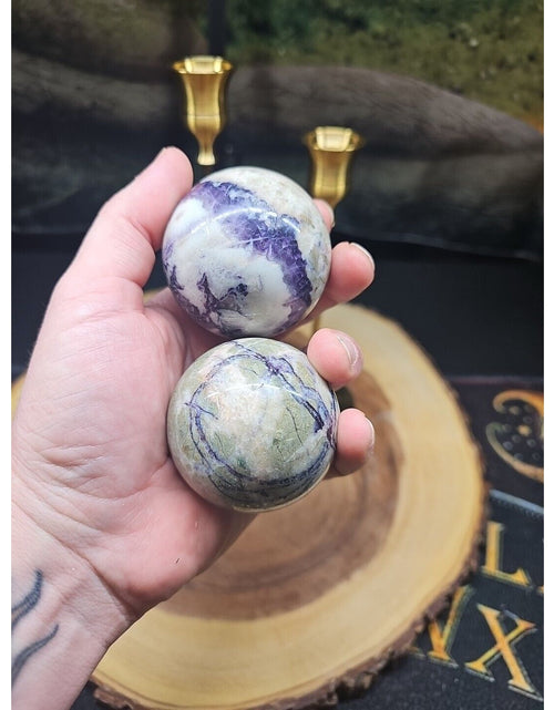 Load image into Gallery viewer, Amethyst Chevron Sphere Pair W/Stands
