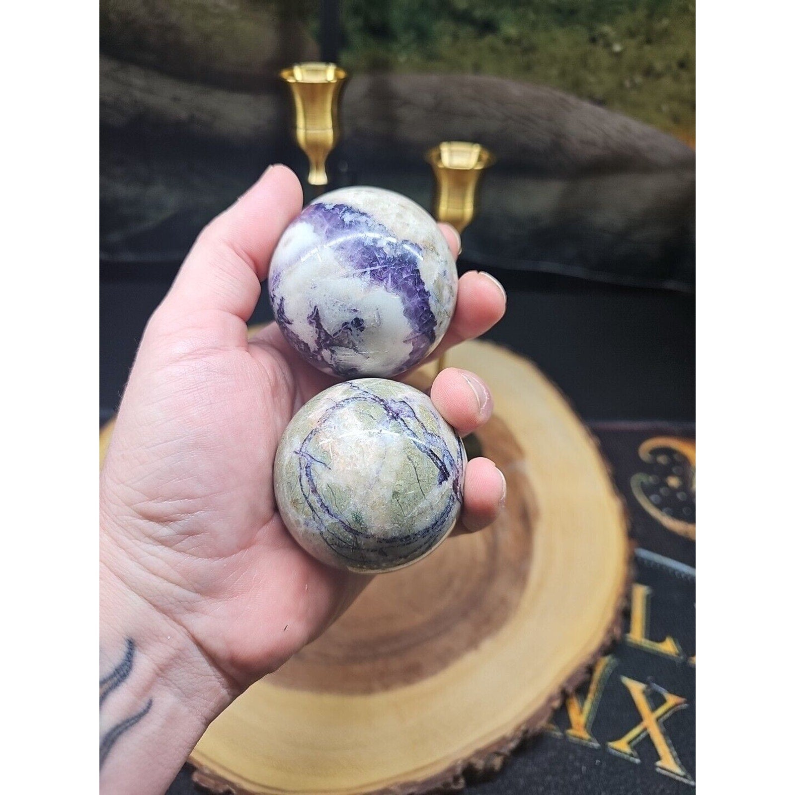 Amethyst Chevron Sphere Pair W/Stands