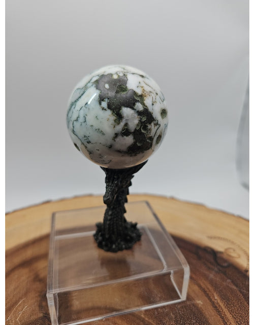Load image into Gallery viewer, Tree Agate Sphere .45lb 53mm W/Dragon Stand
