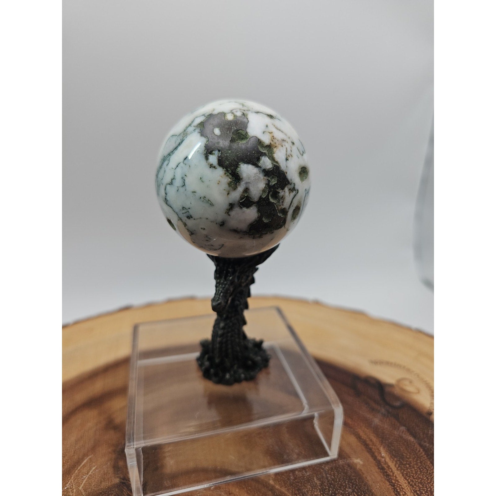 Tree Agate Sphere .45lb 53mm W/Dragon Stand