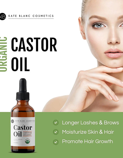 Load image into Gallery viewer, Kate Blanc Cosmetics Castor Oil (2oz), USDA Certified Organic, 100% Pure, Cold Pressed, Hexane Free. Stimulate Growth for Eyelashes, Eyebrows, Hair. Skin Moisturizer &amp; Hair Treatment Starter Kit 2 Fl Oz (Pack of 1)
