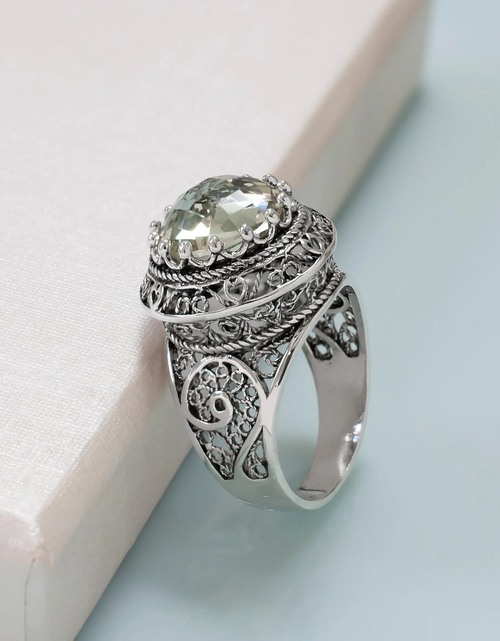 Load image into Gallery viewer, Filigree Art Prasiolite Gemstone Woman Silver Statement Ring
