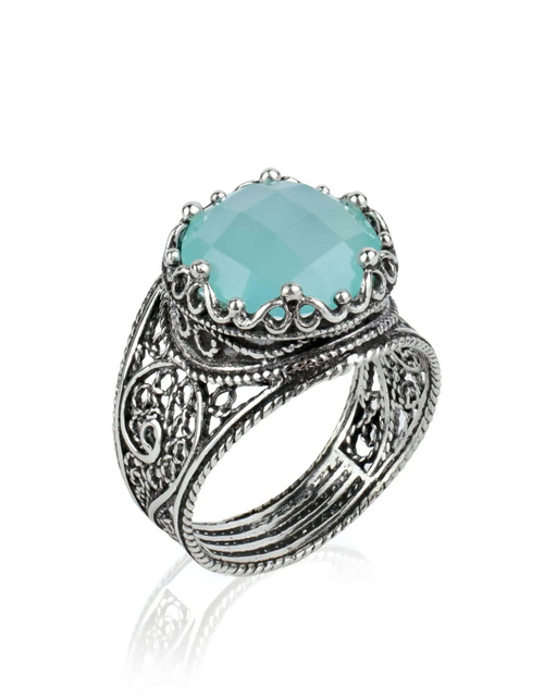Load image into Gallery viewer, Filigree Art Aqua Chalcedony Gemstone Crown Design Women Silver Statement Ring
