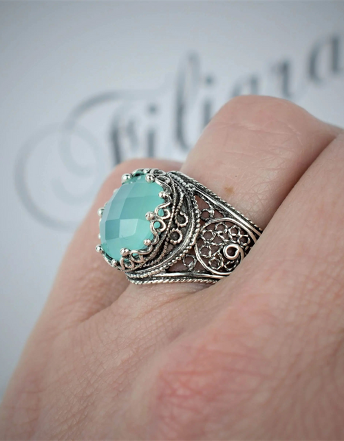 Load image into Gallery viewer, Filigree Art Aqua Chalcedony Gemstone Crown Design Women Silver Statement Ring
