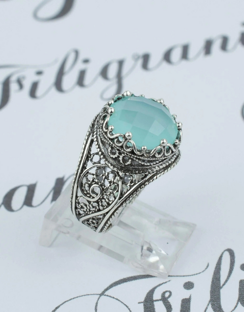Load image into Gallery viewer, Filigree Art Aqua Chalcedony Gemstone Crown Design Women Silver Statement Ring
