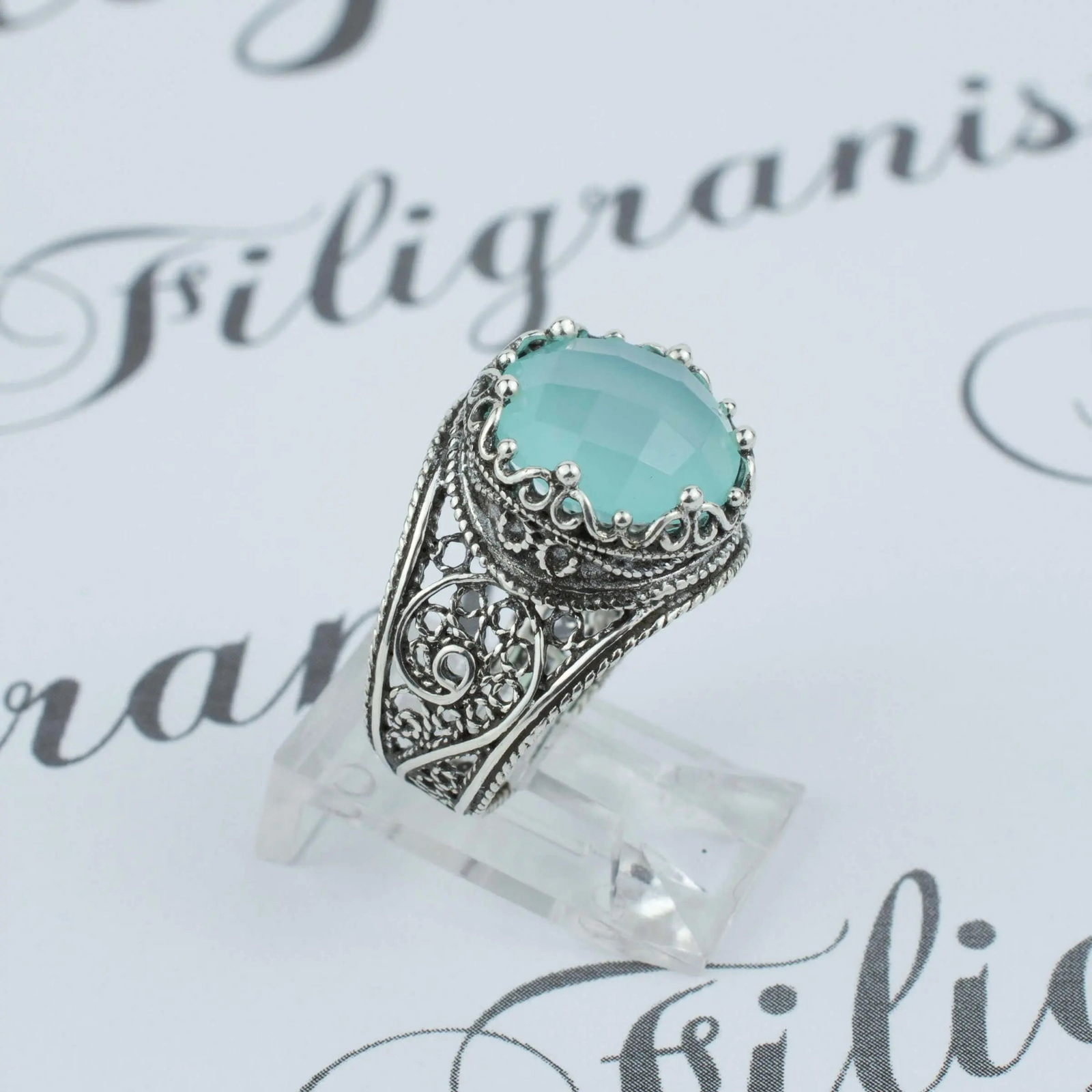 Filigree Art Aqua Chalcedony Gemstone Crown Design Women Silver Statement Ring