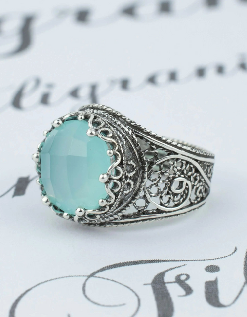 Load image into Gallery viewer, Filigree Art Aqua Chalcedony Gemstone Crown Design Women Silver Statement Ring
