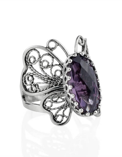 Load image into Gallery viewer, Filigree Art Amethyst Gemstone Butterfly Design Women Silver Cocktail Ring
