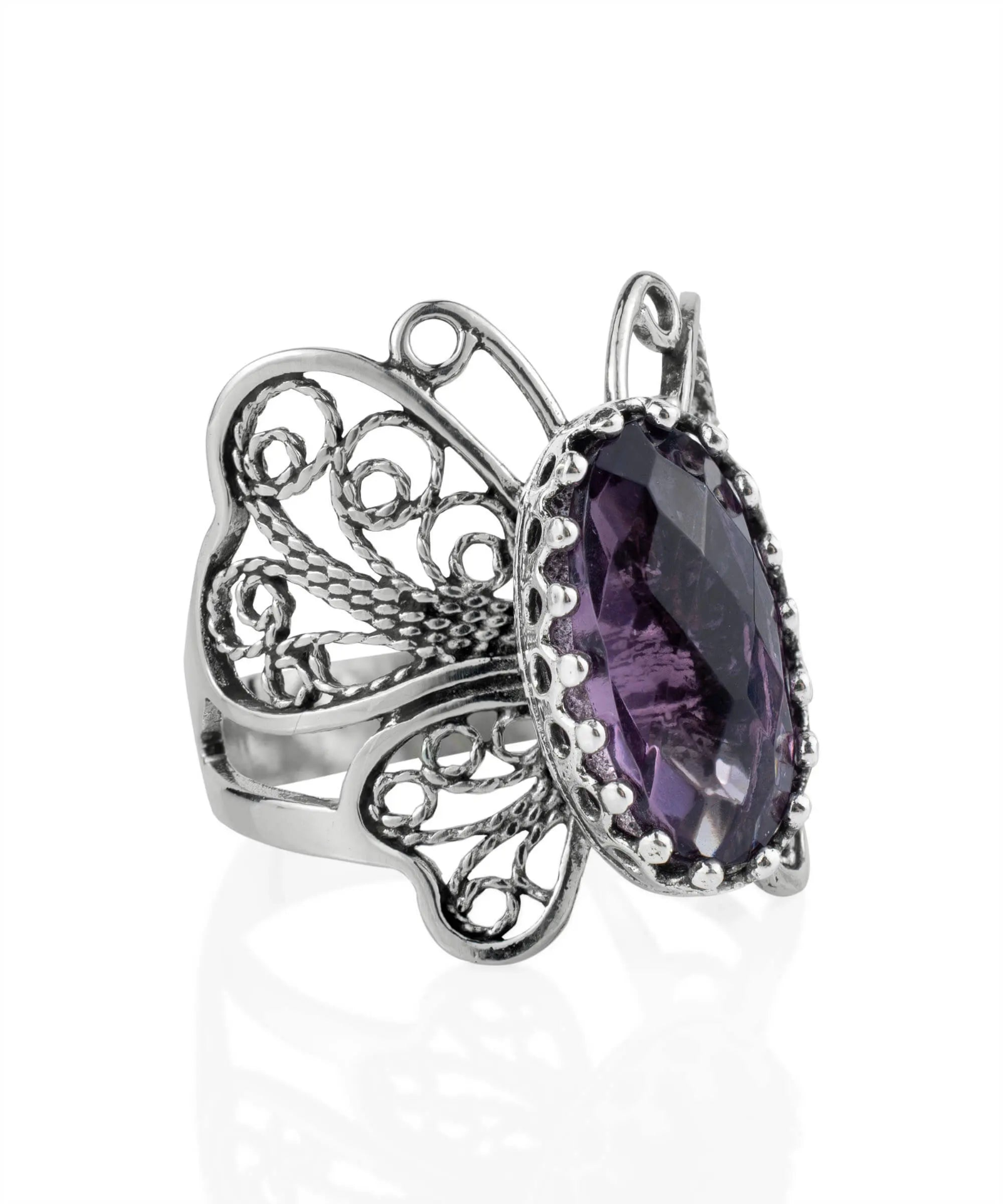 Filigree Art Amethyst Gemstone Butterfly Design Women Silver Cocktail Ring