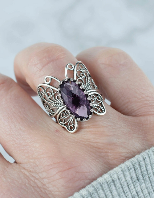 Load image into Gallery viewer, Filigree Art Amethyst Gemstone Butterfly Design Women Silver Cocktail Ring
