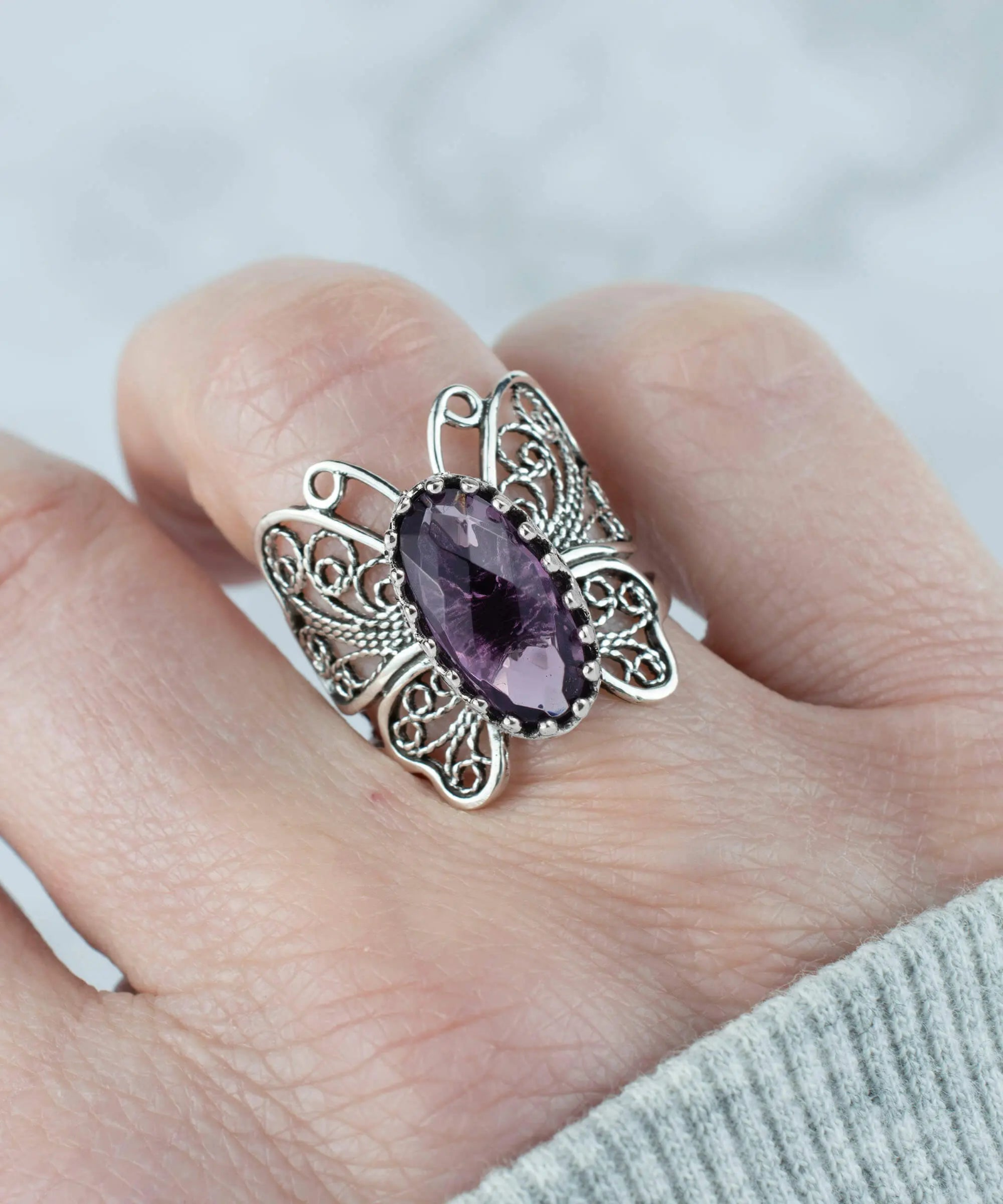 Filigree Art Amethyst Gemstone Butterfly Design Women Silver Cocktail Ring