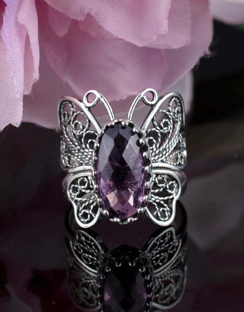 Load image into Gallery viewer, Filigree Art Amethyst Gemstone Butterfly Design Women Silver Cocktail Ring
