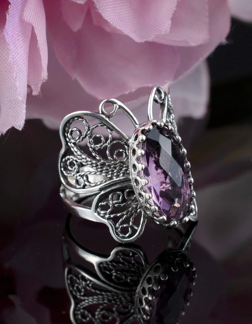 Load image into Gallery viewer, Filigree Art Amethyst Gemstone Butterfly Design Women Silver Cocktail Ring
