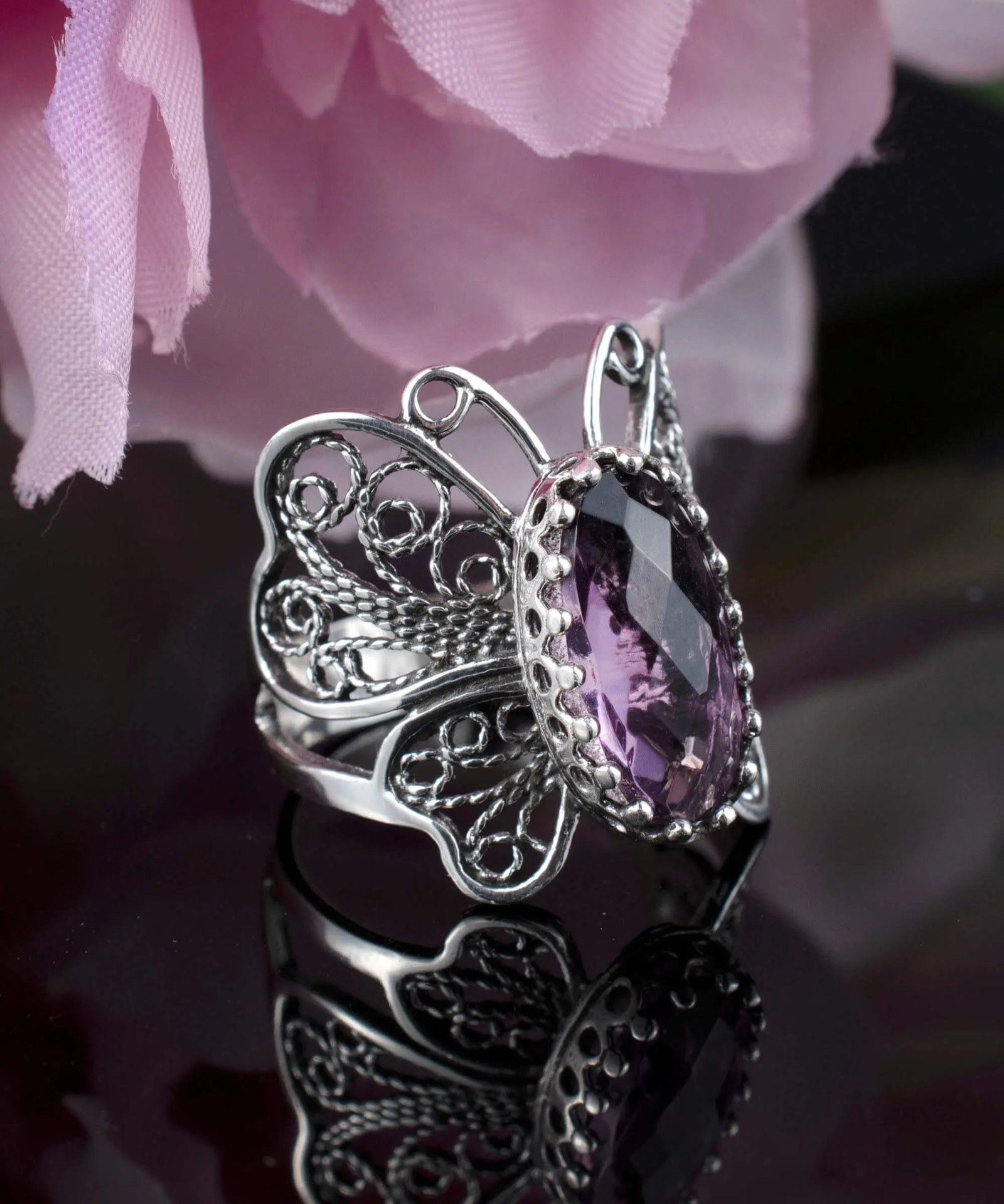 Filigree Art Amethyst Gemstone Butterfly Design Women Silver Cocktail Ring