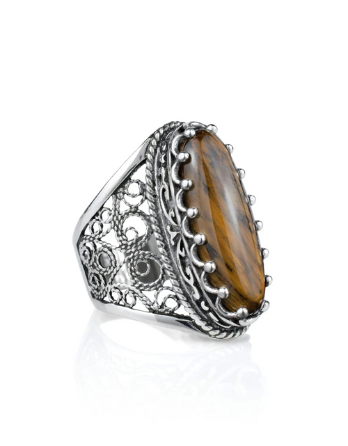 Load image into Gallery viewer, Filigree Art Tiger Eye Gemstone Women Silver Long Statement Ring
