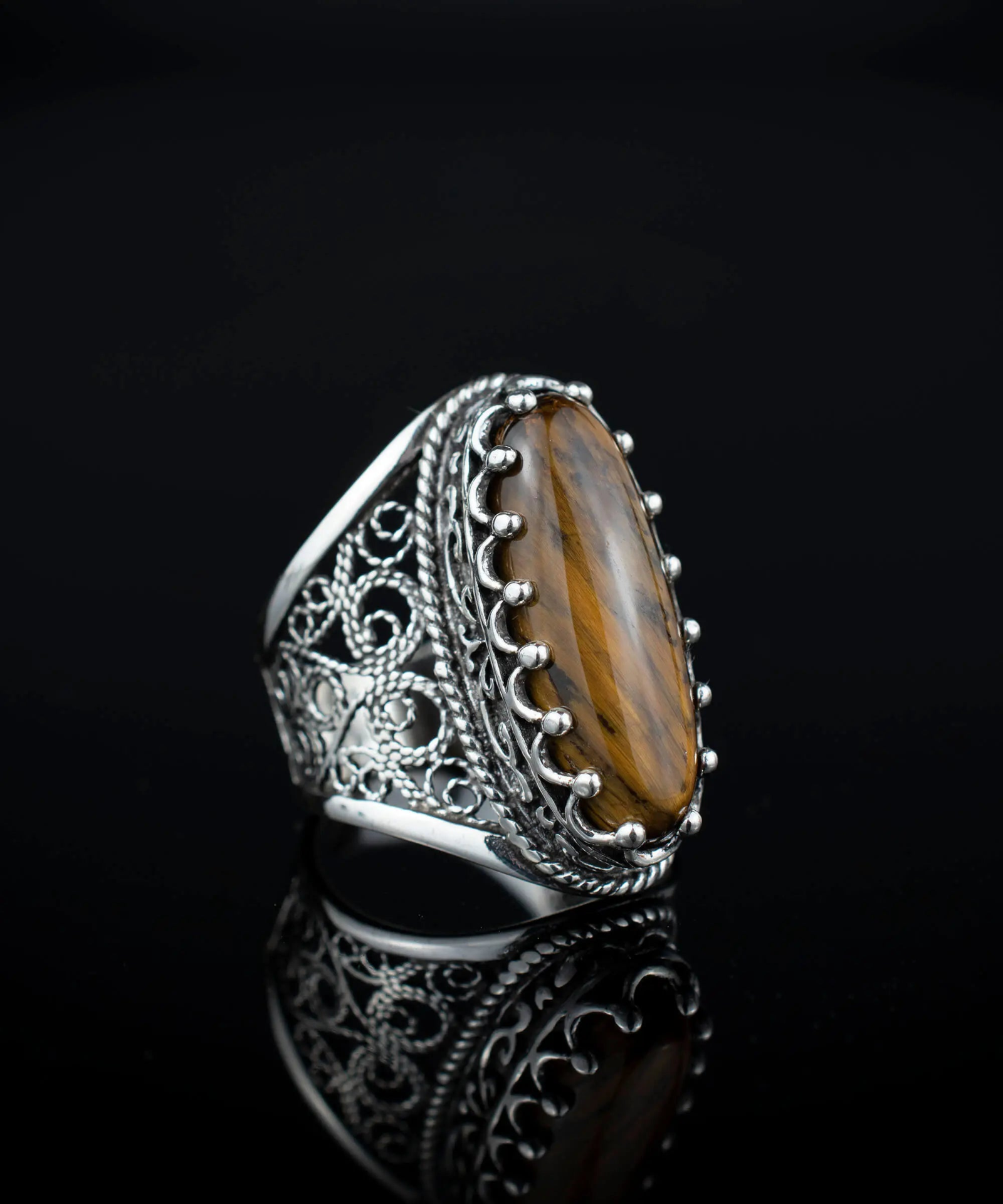 Filigree Art Tiger Eye Gemstone Women Silver Long Statement Ring