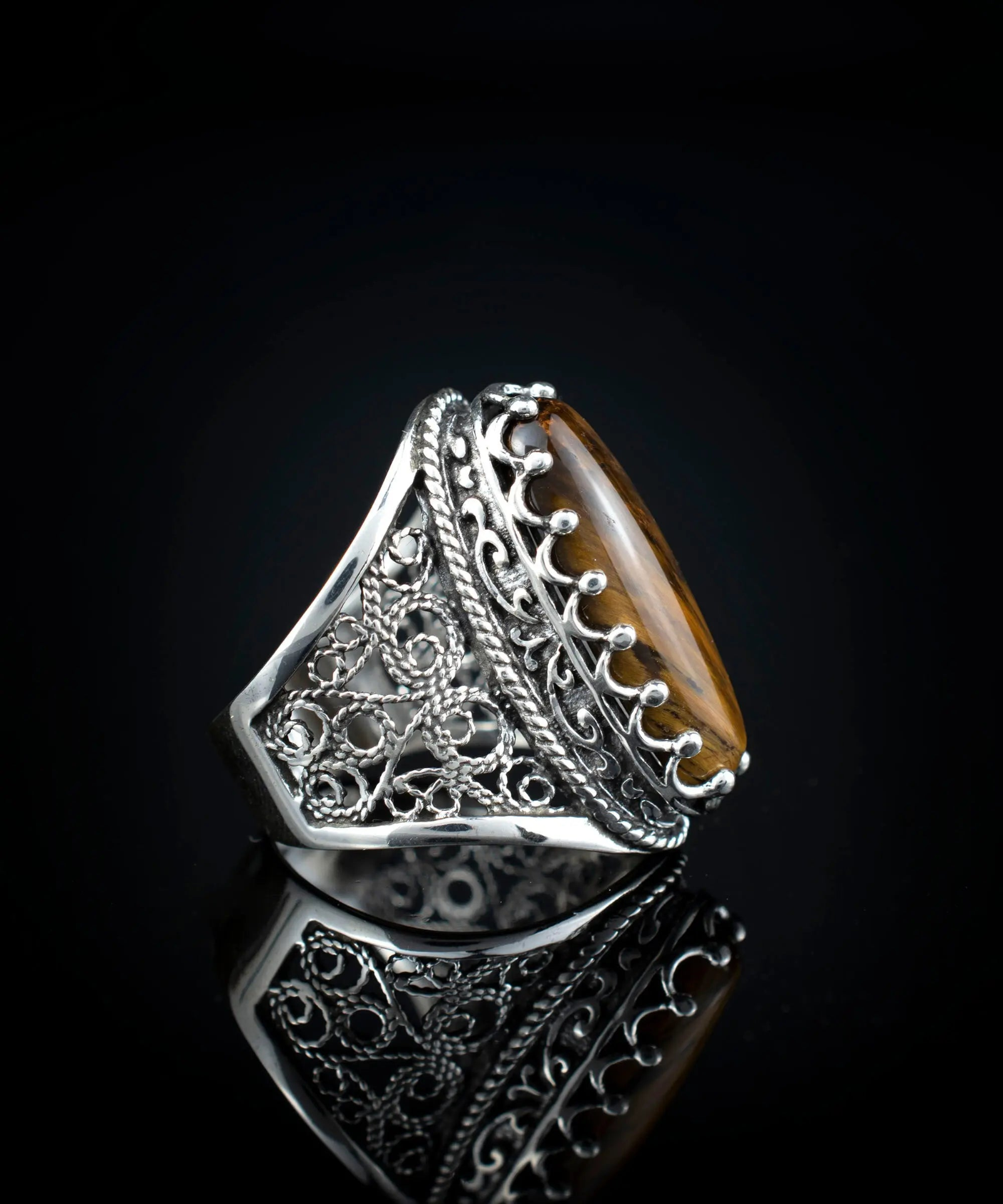 Filigree Art Tiger Eye Gemstone Women Silver Long Statement Ring