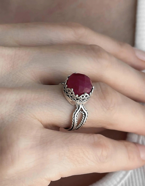 Load image into Gallery viewer, Ruby Corundum Gemstone Filigree Art Women Sterling Silver Cocktail Ring
