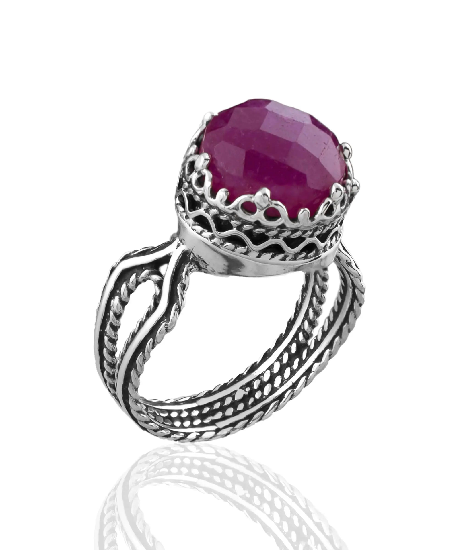 Ruby Corundum Gemstone Filigree Art Women Sterling Silver Cocktail Ring