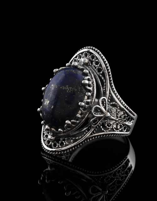 Load image into Gallery viewer, Lapis Lazuli Gemstone Filigree Art Woman Silver Statement Ring
